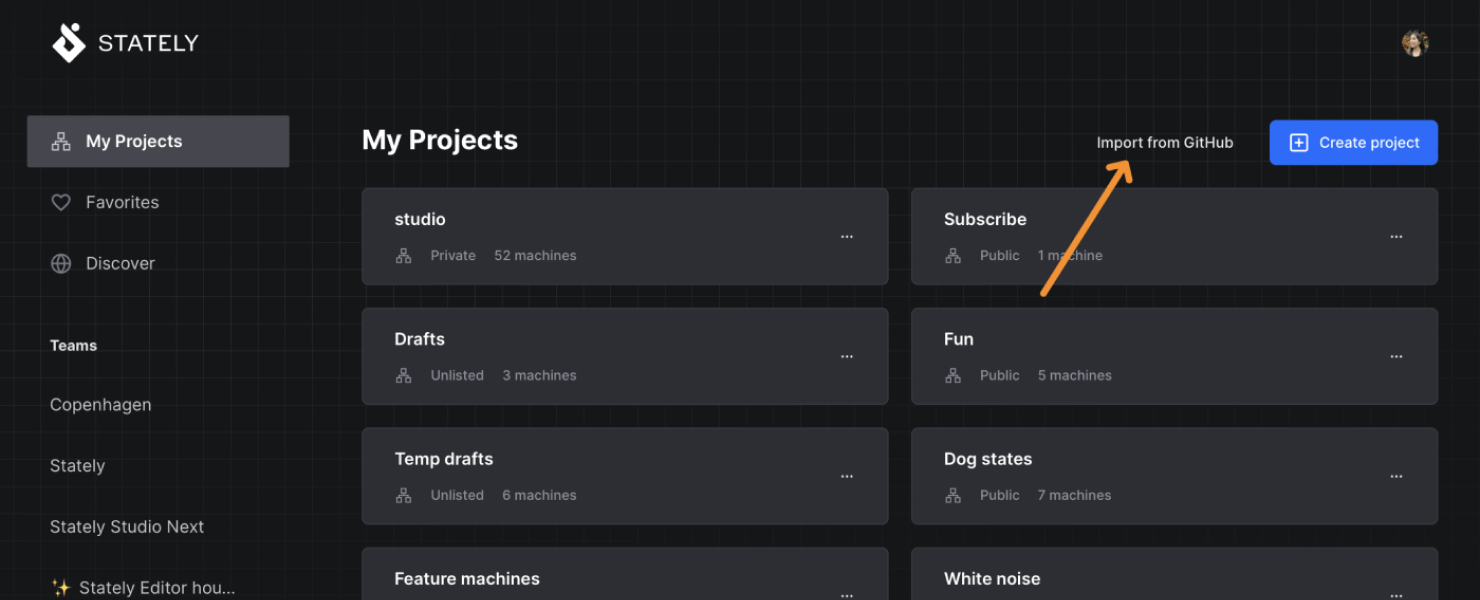 Stately Studio My Projects page showing a list of projects. Above the list is an Import from GitHub button, alongside the Create project button.