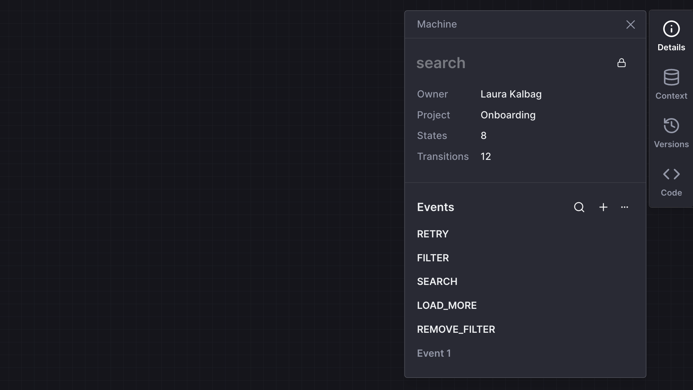 The machine details panel showing a list of events in the current machine, including retry, filter, search, load_more, and remove_filter. There is an unused event called Event 1.