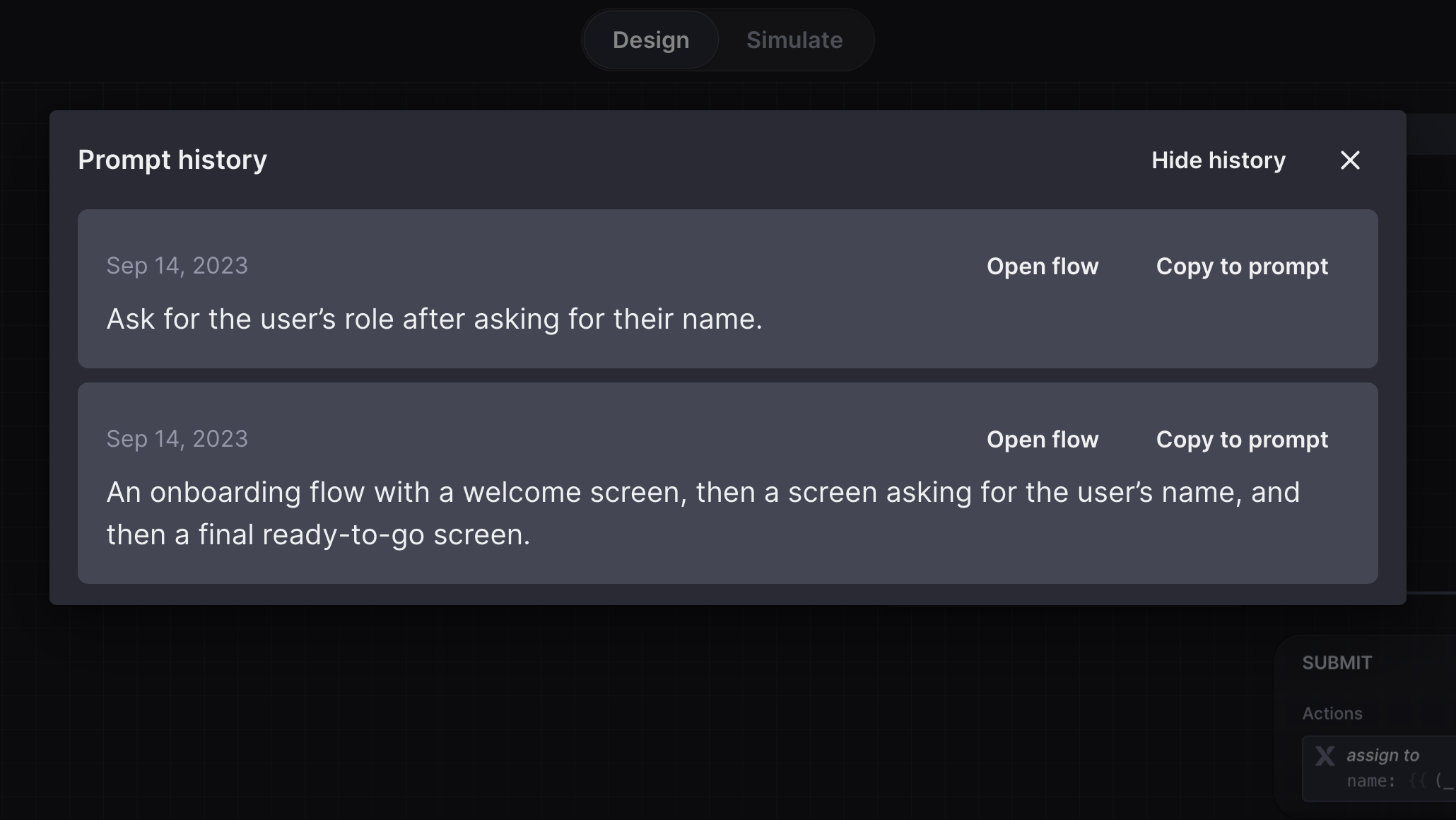 Prompt history in Generate flows dialog which shows two text descriptions previously used to generate flows, with buttons to open flow and copy to prompt.