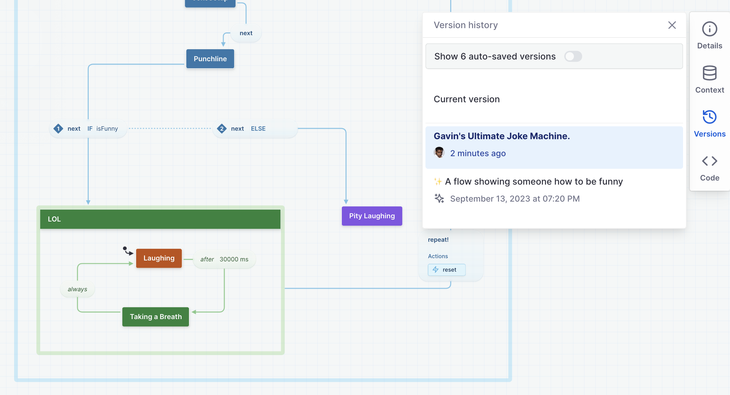 Machine versions panel in Stately. The current version is named Gavin’s ultimate joke machine. The previous version is a generated flow for a “A flow showing someone how to be funny.”