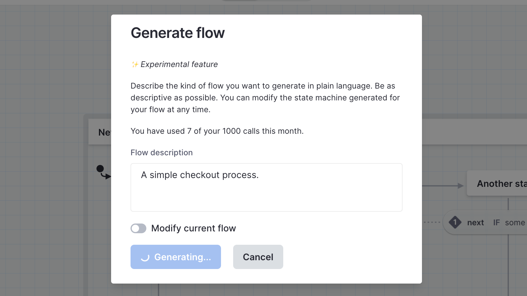 Generate flow dialog: Experimental feature. With the flow description of “A simple checkout process”, with the submit button “Generating flow” in progress.