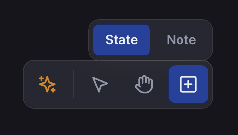 Canvas tools in Stately Studio, including a sparkles AI icon, pointer icon, hand icon, and plus icon which is focused and has an open menu for adding a state or a note.