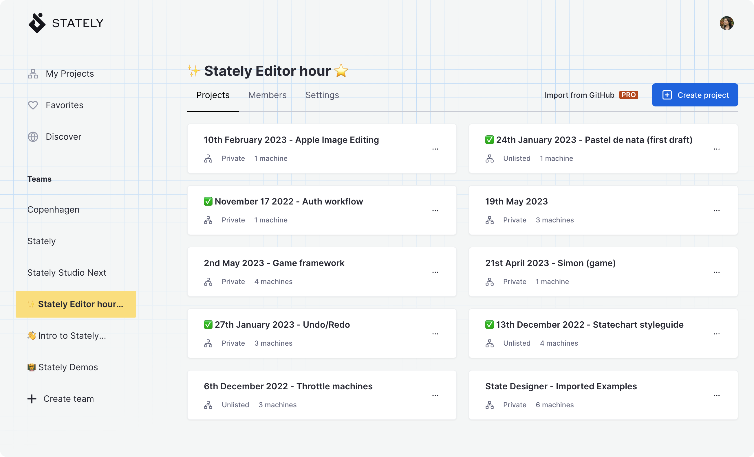 Stately Studio Projects page for the Stately Editor hour team team, showing a list of ten projects, seven with public machines, three with unlisted machines.